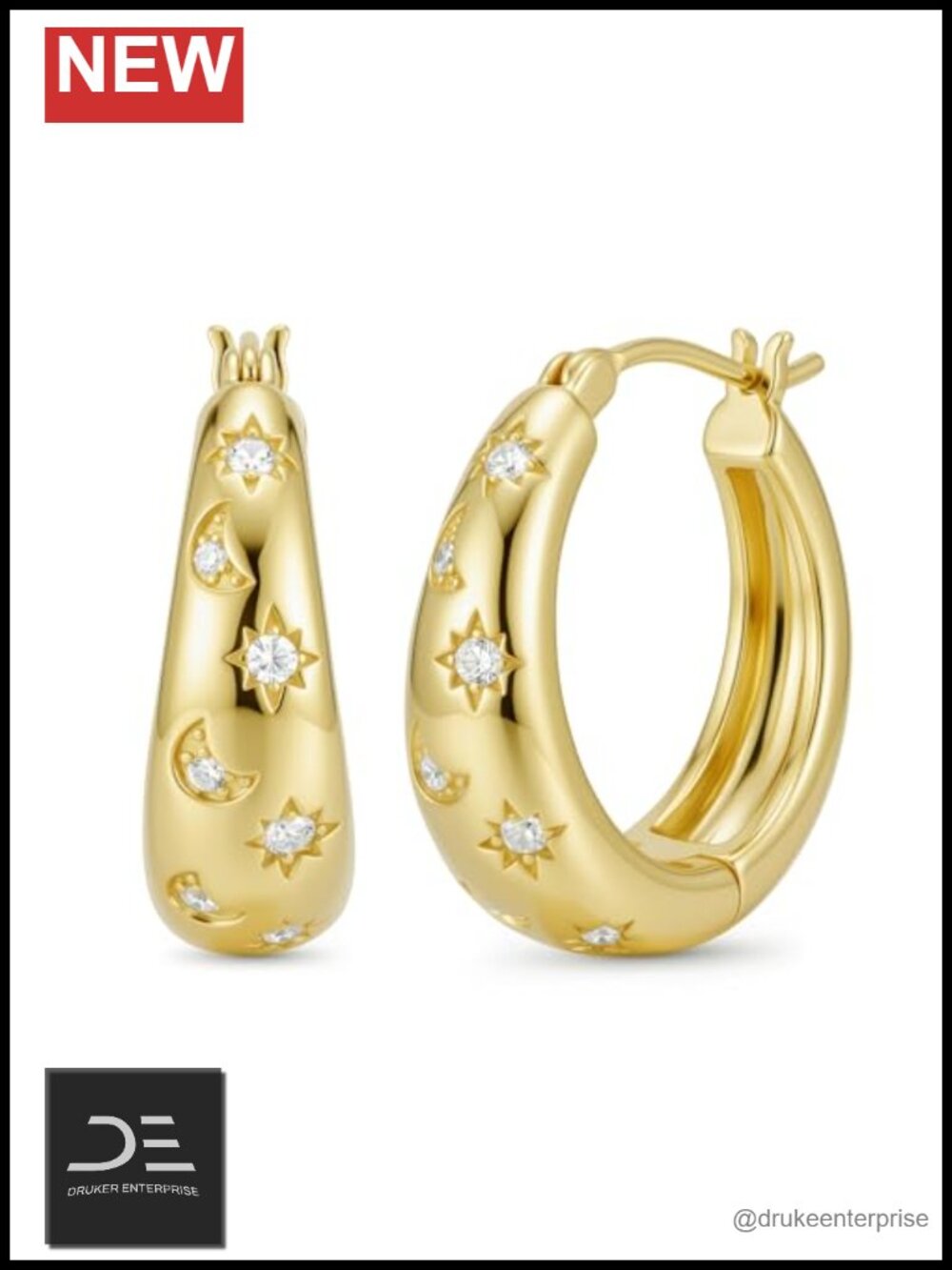 Moon Star Earrings 14K Gold Plated 20mm Chunky Celestial Huggie Hoop Jewelry